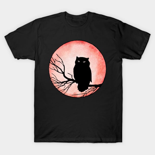 Scary Vintage Owl and Blood Red Moon T-Shirt by Pixelchicken